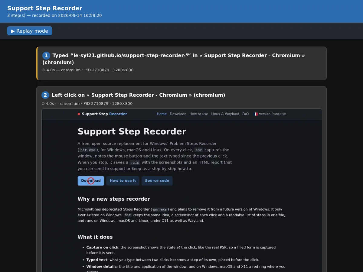 HTML report written by Support Step Recorder: numbered steps with their description and screenshot