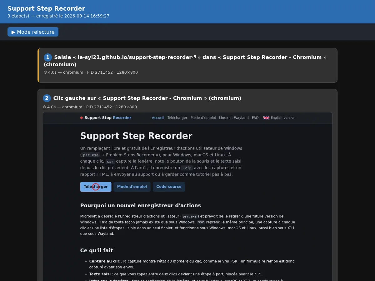 Rapport HTML écrit par Support Step Recorder : étapes numérotées avec leur description et leur capture